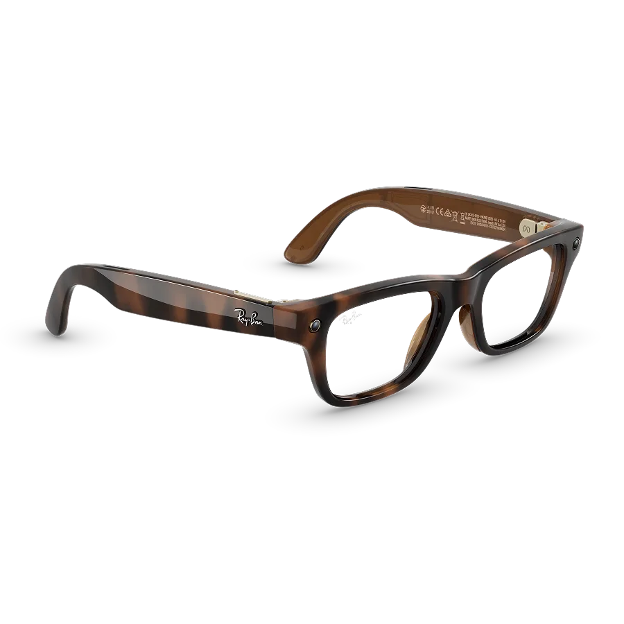 Right quarter view of Rayban Meta Blayzer Optics (Gen 2) with Havana frames with Clear lenses.