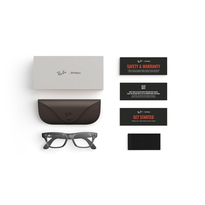 Items included with purchase of Rayban Meta glasses – Rayban Meta charging case, Rayban Meta AI glasses and getting started guide.
