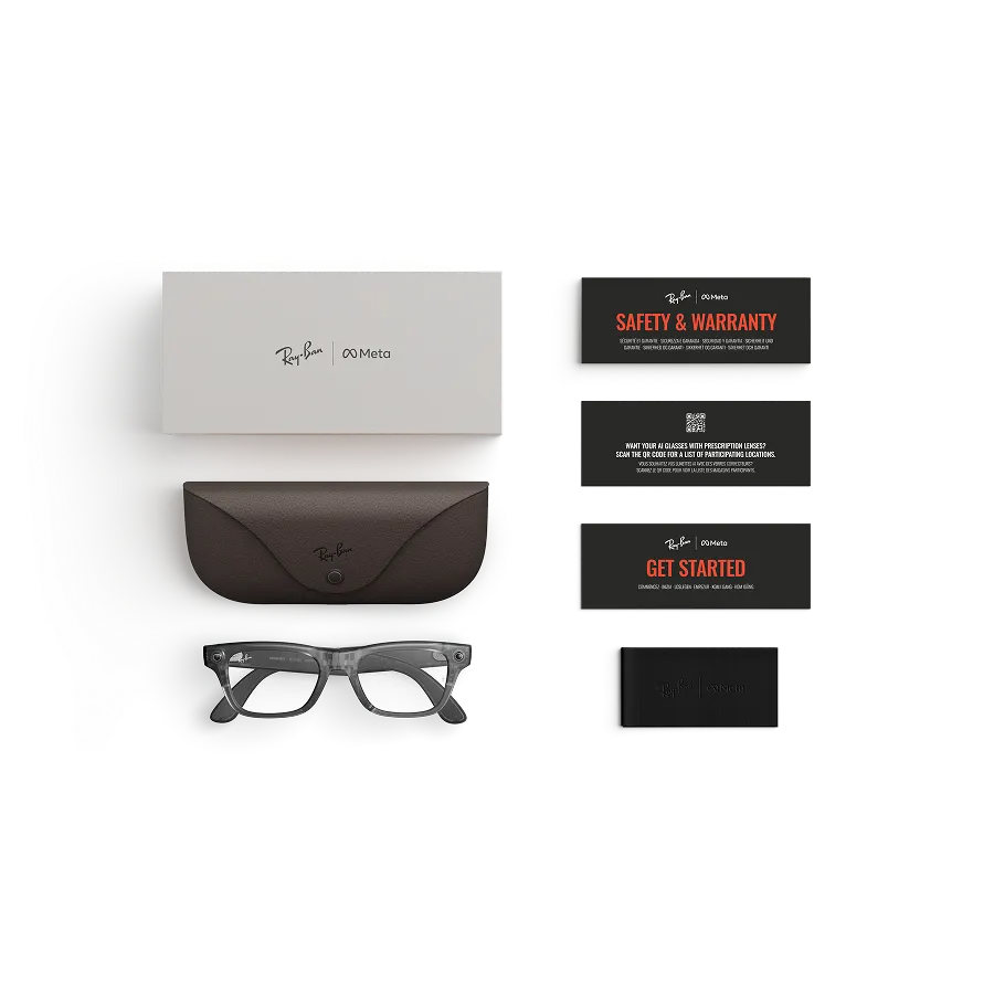 Items included with purchase of Rayban Meta glasses – Rayban Meta charging case, Rayban Meta AI glasses and getting started guide.
