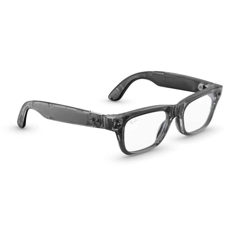 Right quarter view of Rayban Meta Blayzer Optics (Gen 2) with Transparent Matt Ice Grey frames with Clear Lenses. Right quarter view of Rayban Meta Blayzer Optics (Gen 2) with Transparent Matt Ice Grey frames with Clear Lenses.
