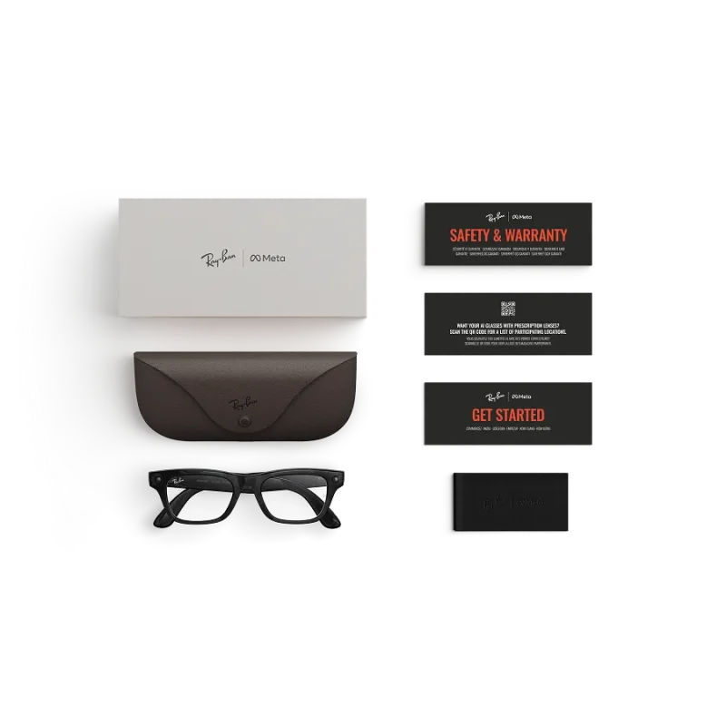 Items included with purchase of Rayban Meta glasses – Rayban Meta charging case, Rayban Meta AI glasses and getting started guide.