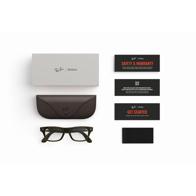 Items included with purchase of Rayban Meta glasses – Rayban Meta charging case, Rayban Meta AI glasses and getting started guide.