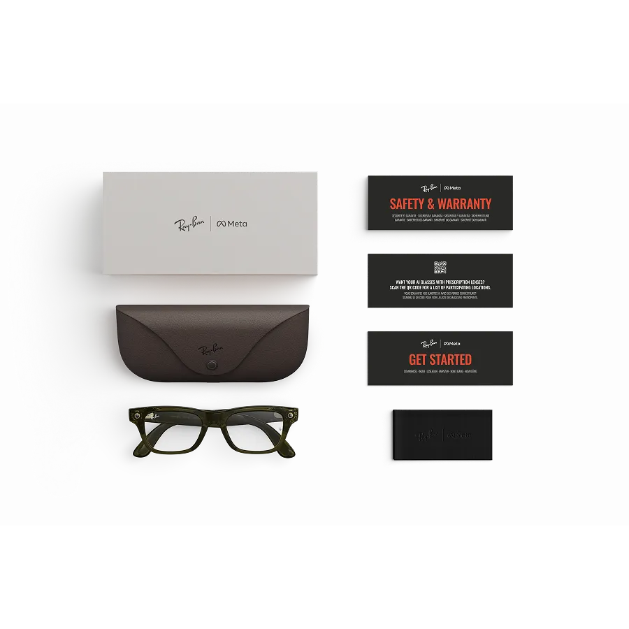 Items included with purchase of Rayban Meta glasses – Rayban Meta charging case, Rayban Meta AI glasses and getting started guide.