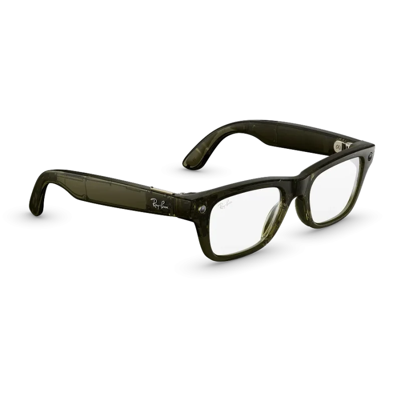 Right quarter view of Rayban Meta Blayzer Optics (Gen 2) with Transparent Shiny Dark Olive frames with Clear lenses. Right quarter view of Rayban Meta Blayzer Optics (Gen 2) with Transparent Shiny Dark Olive frames with Clear lenses.