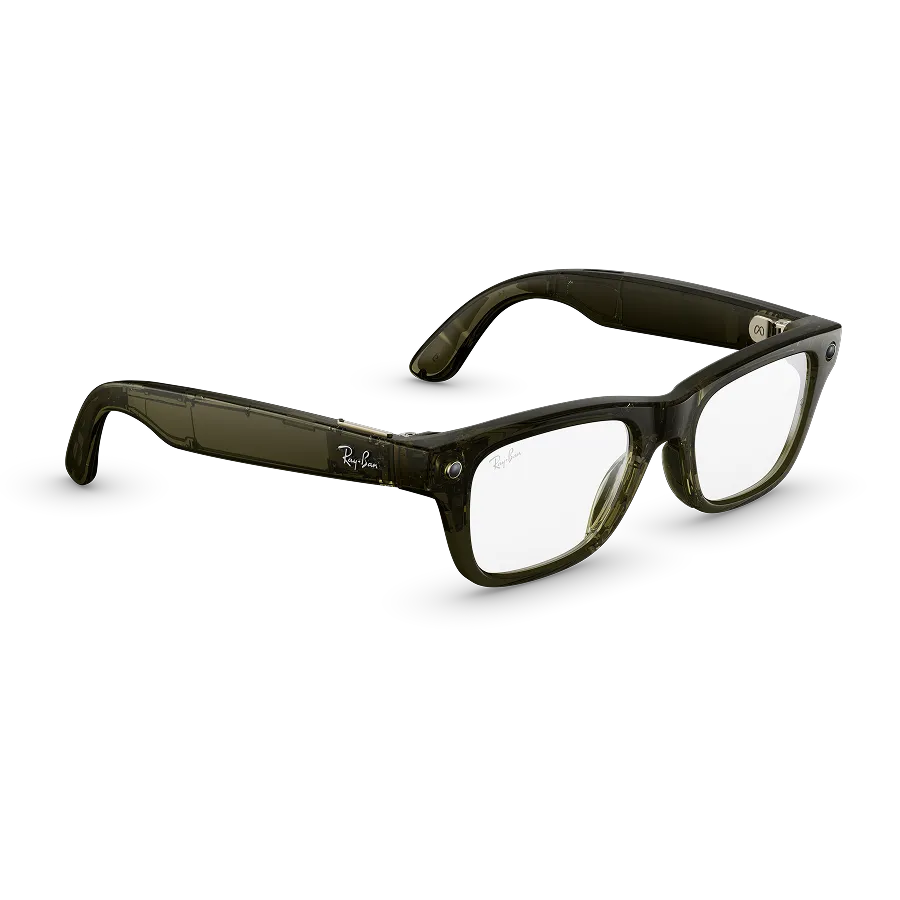 Right quarter view of Rayban Meta Blayzer Optics (Gen 2) with Transparent Shiny Dark Olive frames with Clear lenses.