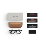 Items included with purchase of Rayban Meta glasses – Rayban Meta charging case, Rayban Meta AI glasses and getting started guide.