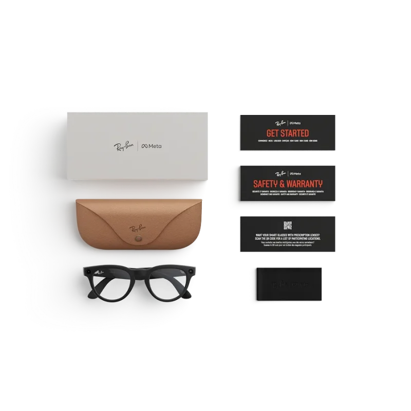 Items included with purchase of Rayban Meta glasses – Rayban Meta charging case, Rayban Meta AI glasses and getting started guide.