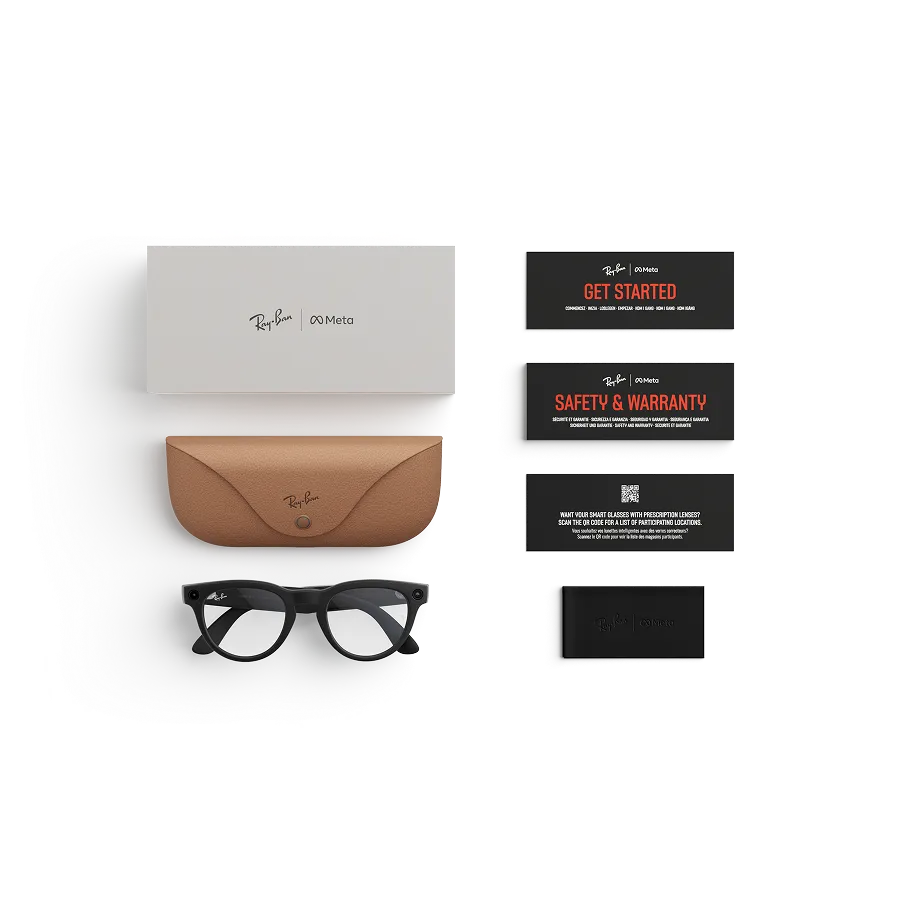 Items included with purchase of Rayban Meta glasses – Rayban Meta charging case, Rayban Meta AI glasses and getting started guide.