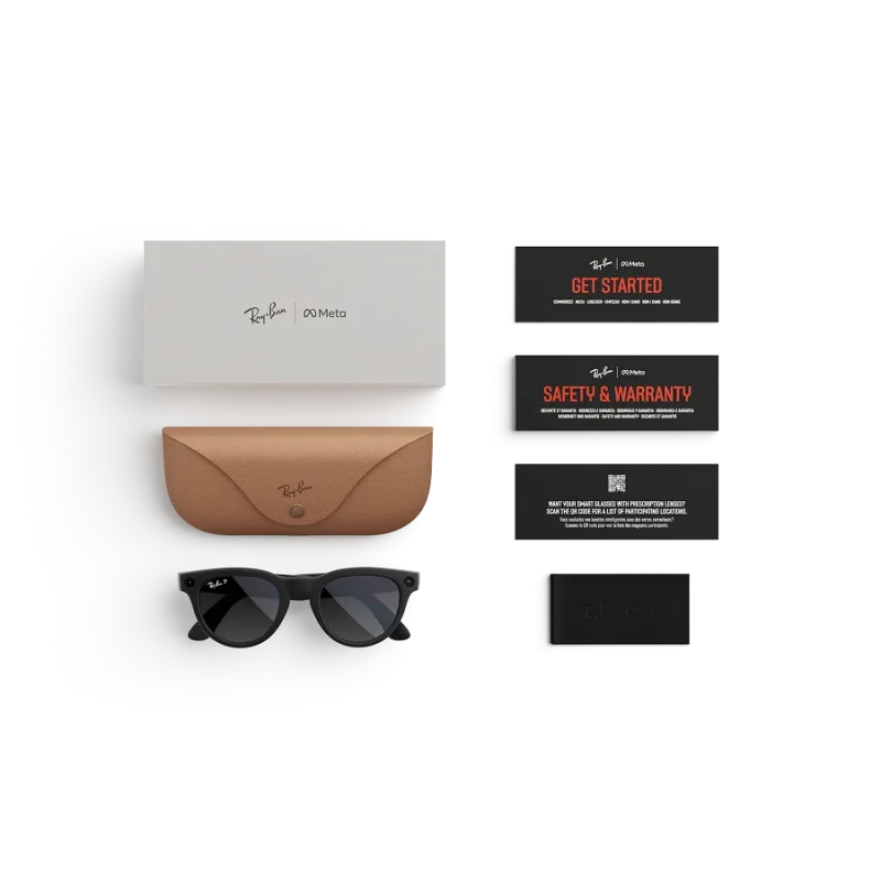 Items included with purchase of Rayban Meta glasses – Rayban Meta charging case, Rayban Meta AI glasses and getting started guide.