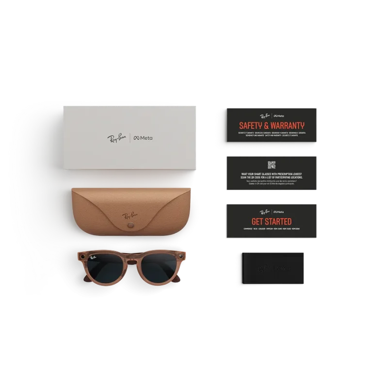 Items included with purchase of Rayban Meta glasses – Rayban Meta charging case, Rayban Meta AI glasses, and getting started guide.