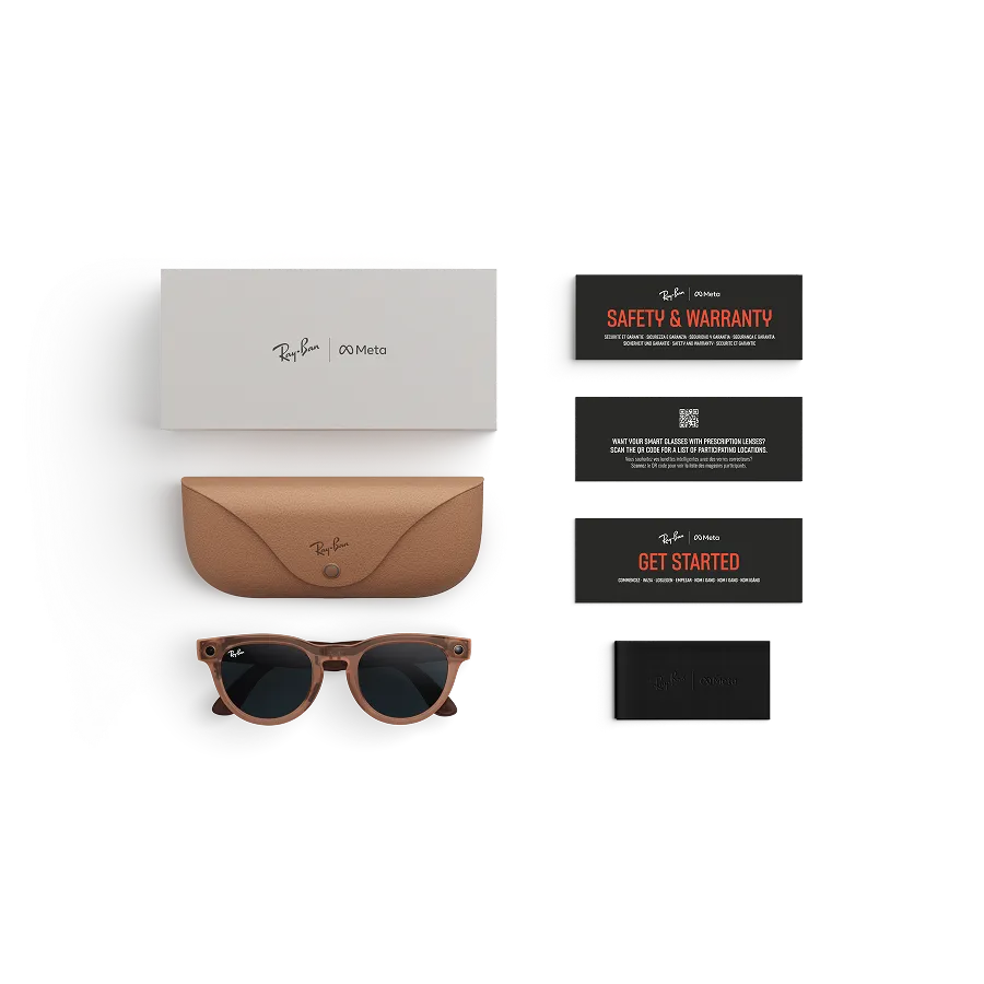 Items included with purchase of Rayban Meta glasses – Rayban Meta charging case, Rayban Meta AI glasses, and getting started guide.