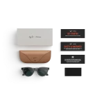 Items included with purchase of Rayban Meta glasses – Rayban Meta charging case, Rayban Meta AI glasses and getting started guide.