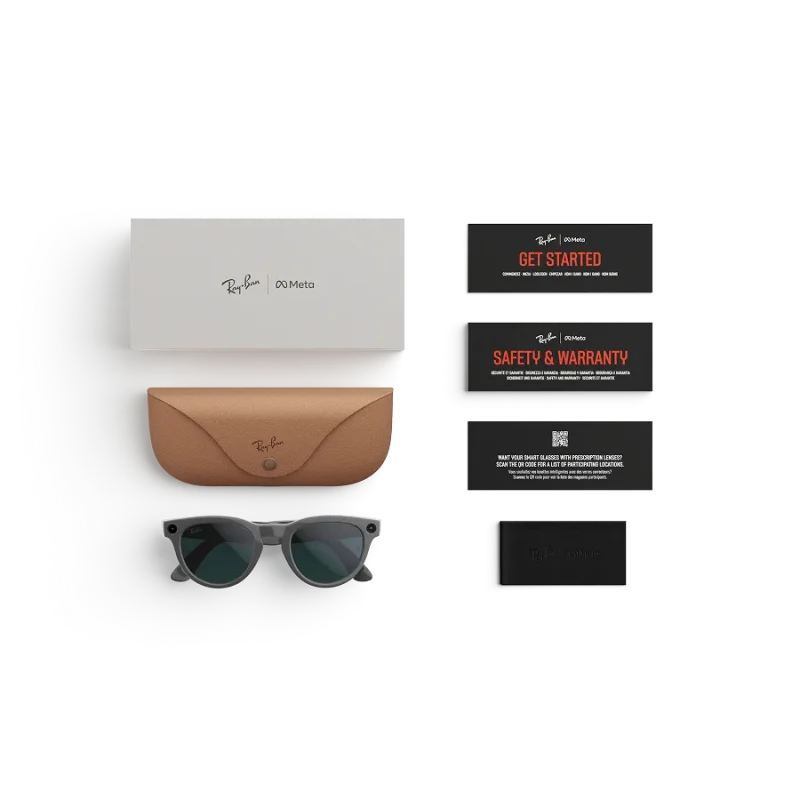 Items included with purchase of Rayban Meta glasses – Rayban Meta charging case, Rayban Meta AI glasses and getting started guide.