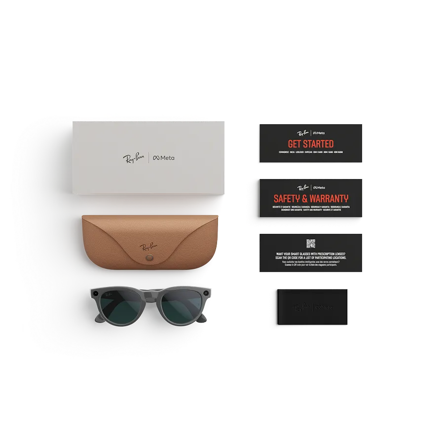 Items included with purchase of Rayban Meta glasses – Rayban Meta charging case, Rayban Meta AI glasses and getting started guide.