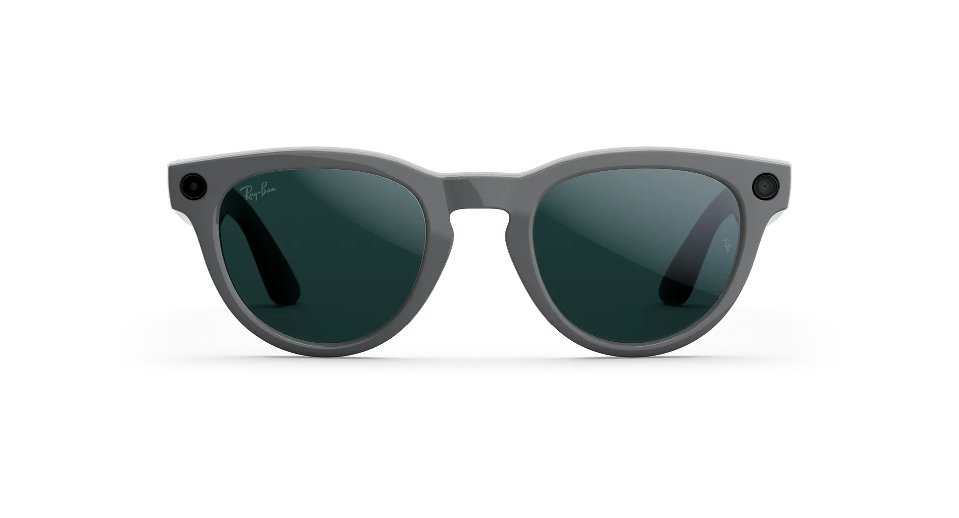 Front view of Rayban Meta glasses with Shiny Asteroid Grey frames with Emerald Transitions® lenses.