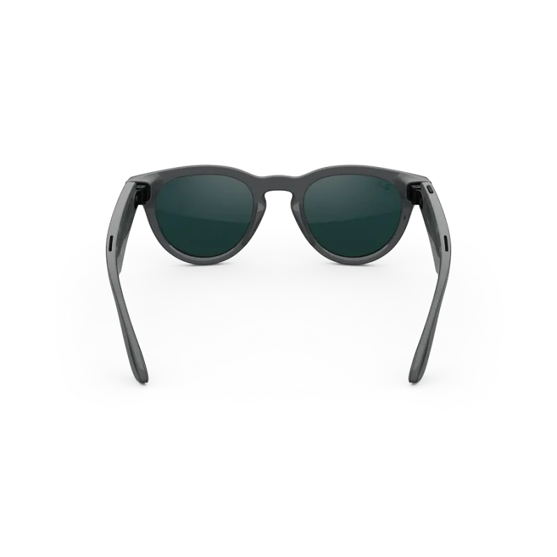 Rear view of Rayban Meta glasses with Shiny Asteroid Grey frames with Emerald Transitions® lenses.