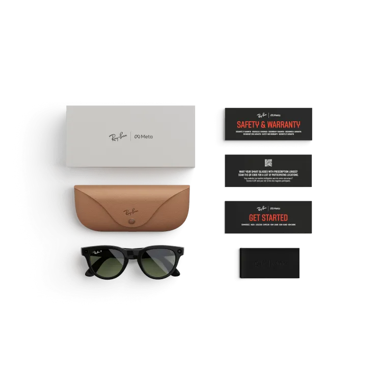 Items included with purchase of Rayban Meta glasses – Rayban Meta charging case, Rayban Meta AI glasses and getting started guide.