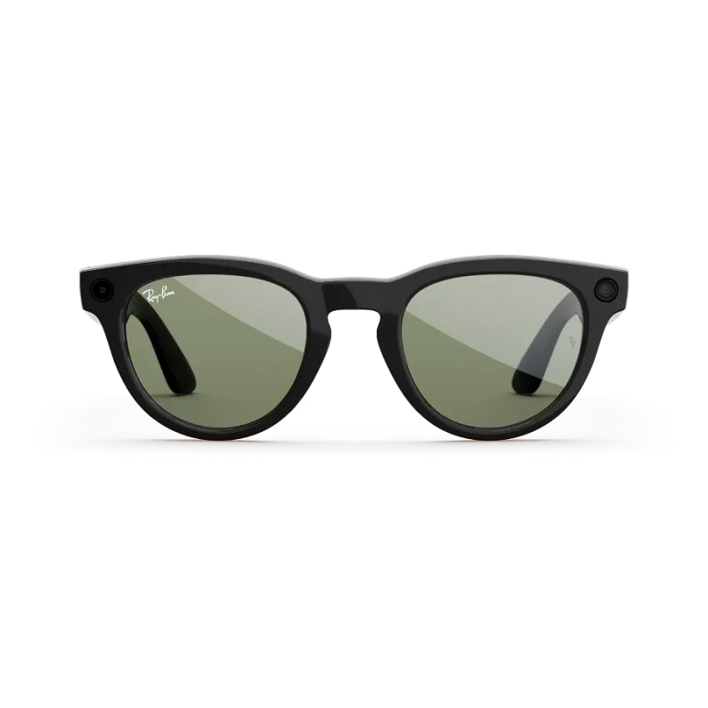 Front view of Rayban Meta Headliner glasses with Shiny Black frames with Green sun lenses.