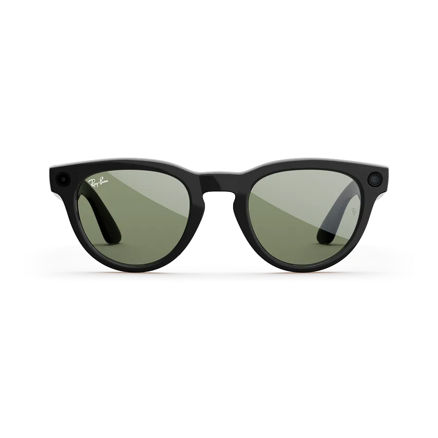 Front view of Rayban Meta Headliner glasses with Shiny Black frames with Green sun lenses.