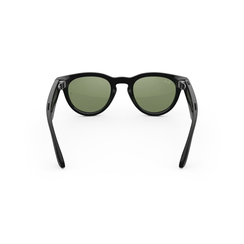Rear view of Rayban Meta Headliner glasses with Shiny Black frames with Green sun lenses.
