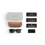 Items included with purchase of Rayban Meta glasses – Rayban Meta charging case, Rayban Meta AI glasses and getting started guide.