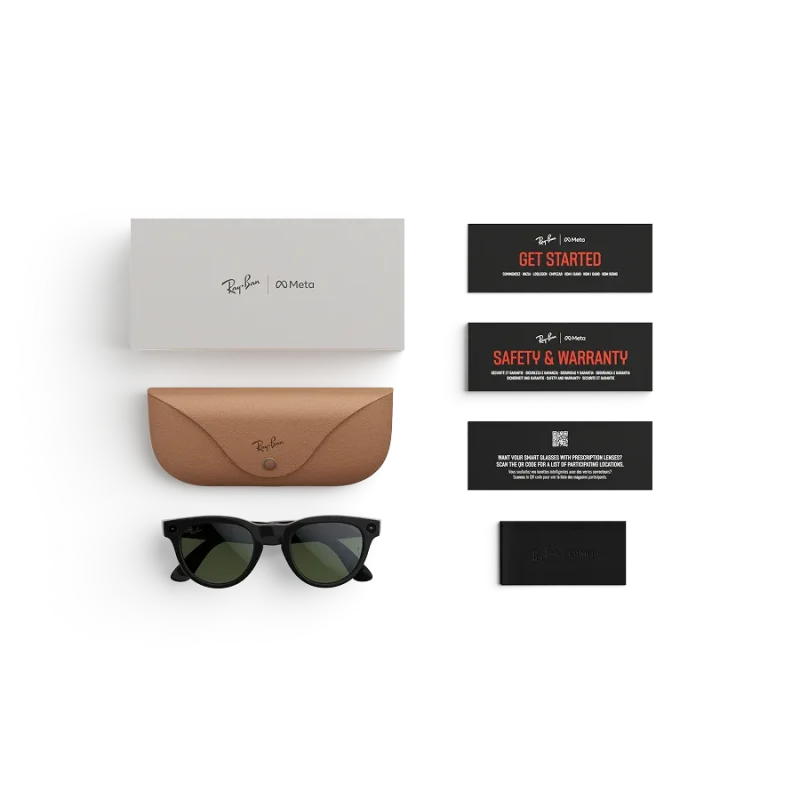 Items included with purchase of Rayban Meta glasses – Rayban Meta charging case, Rayban Meta AI glasses and getting started guide.