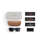 Items included with purchase of Rayban Meta glasses – Rayban Meta charging case, Rayban Meta AI glasses and getting started guide.