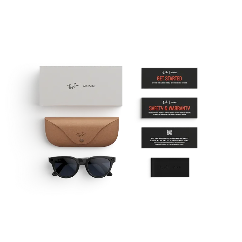 Items included with purchase of Rayban Meta glasses – Rayban Meta charging case, Rayban Meta AI glasses and getting started guide.