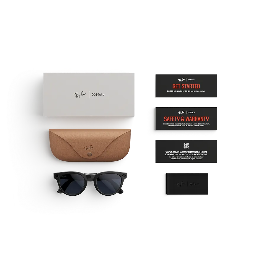 Items included with purchase of Rayban Meta glasses – Rayban Meta charging case, Rayban Meta AI glasses and getting started guide.