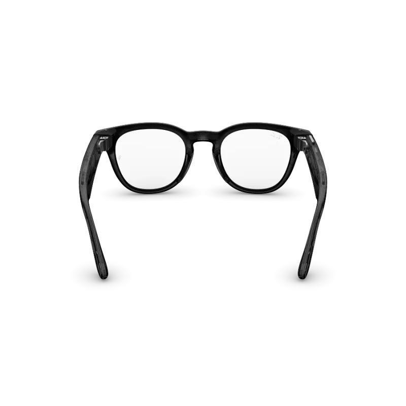 Rear view of Rayban Meta Scriber Optics (Gen 2) with Transparent Shiny Black frames with Clear Lenses.