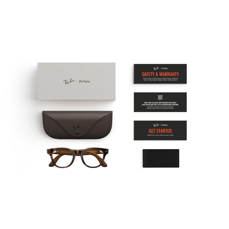 Items included with purchase of Rayban Meta glasses – Rayban Meta charging case, Rayban Meta AI glasses and getting started guide.
