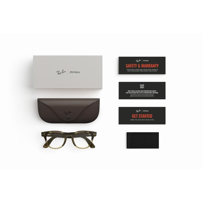 Items included with purchase of Rayban Meta glasses – Rayban Meta charging case, Rayban Meta AI glasses and getting started guide.