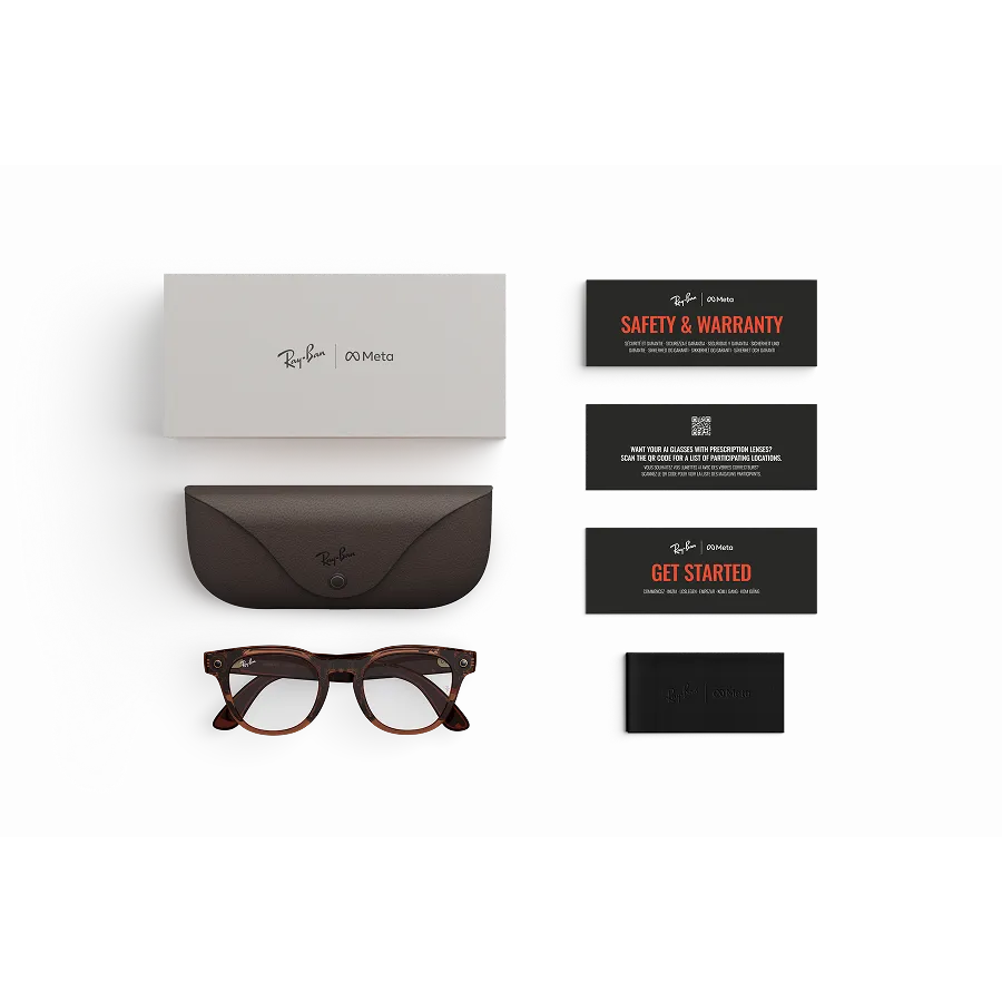 Items included with purchase of Rayban Meta glasses – Rayban Meta charging case, Rayban Meta AI glasses and getting started guide.
