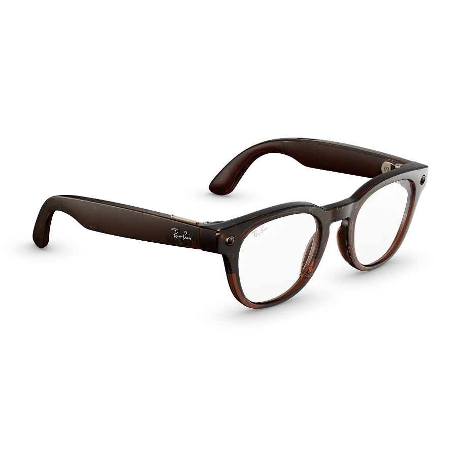 Right quarter view of Rayban Meta Scriber Optics (Gen 2) with Transparent Shiny Umber frames with Clear Lenses.