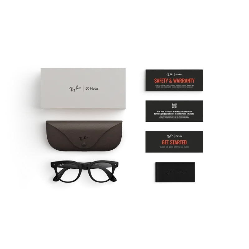 Items included with purchase of Rayban Meta glasses – Rayban Meta charging case, Rayban Meta AI glasses and getting started guide.