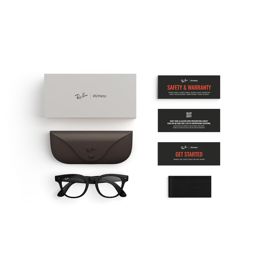 Items included with purchase of Rayban Meta glasses – Rayban Meta charging case, Rayban Meta AI glasses and getting started guide.