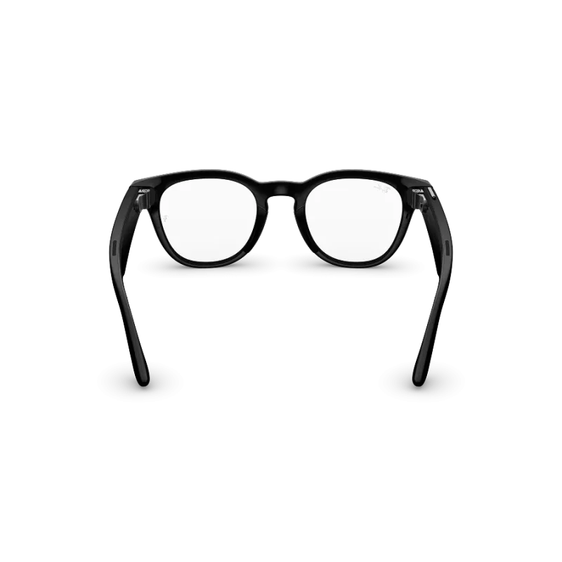 Rear view of Rayban Meta Scriber Optics (Gen 2) with Solid Shiny Black frames with Clear Lenses.