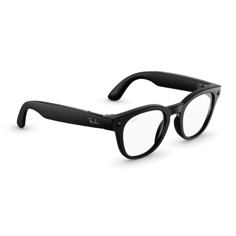 Right quarter view of Rayban Meta Scriber Optics (Gen 2) with Solid Shiny Black frames with Clear Lenses. Right quarter view of Rayban Meta Scriber Optics (Gen 2) with Solid Shiny Black frames with Clear Lenses.