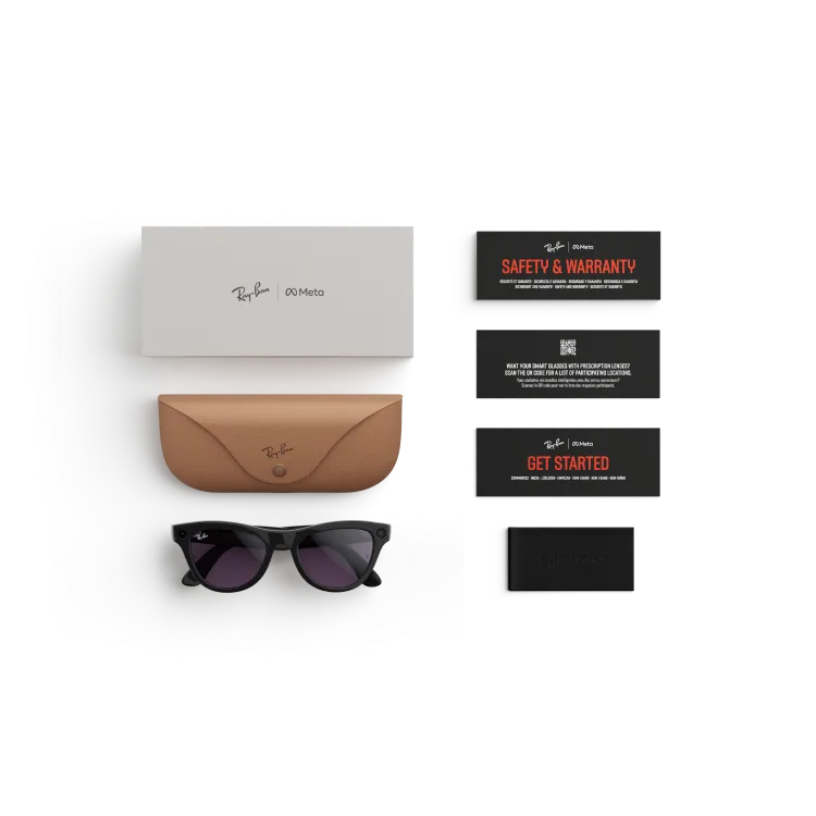 Items included with purchase of Rayban Meta glasses – Rayban Meta charging case, Rayban Meta AI glasses and getting started guide.