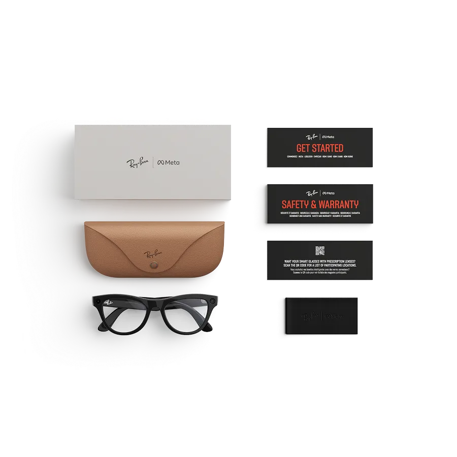 Items included with purchase of Rayban Meta glasses – Rayban Meta charging case, Rayban Meta AI glasses and getting started guide.