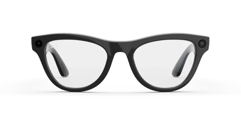 Front view of Rayban Meta glasses with Shiny Black frames with Clear lenses.