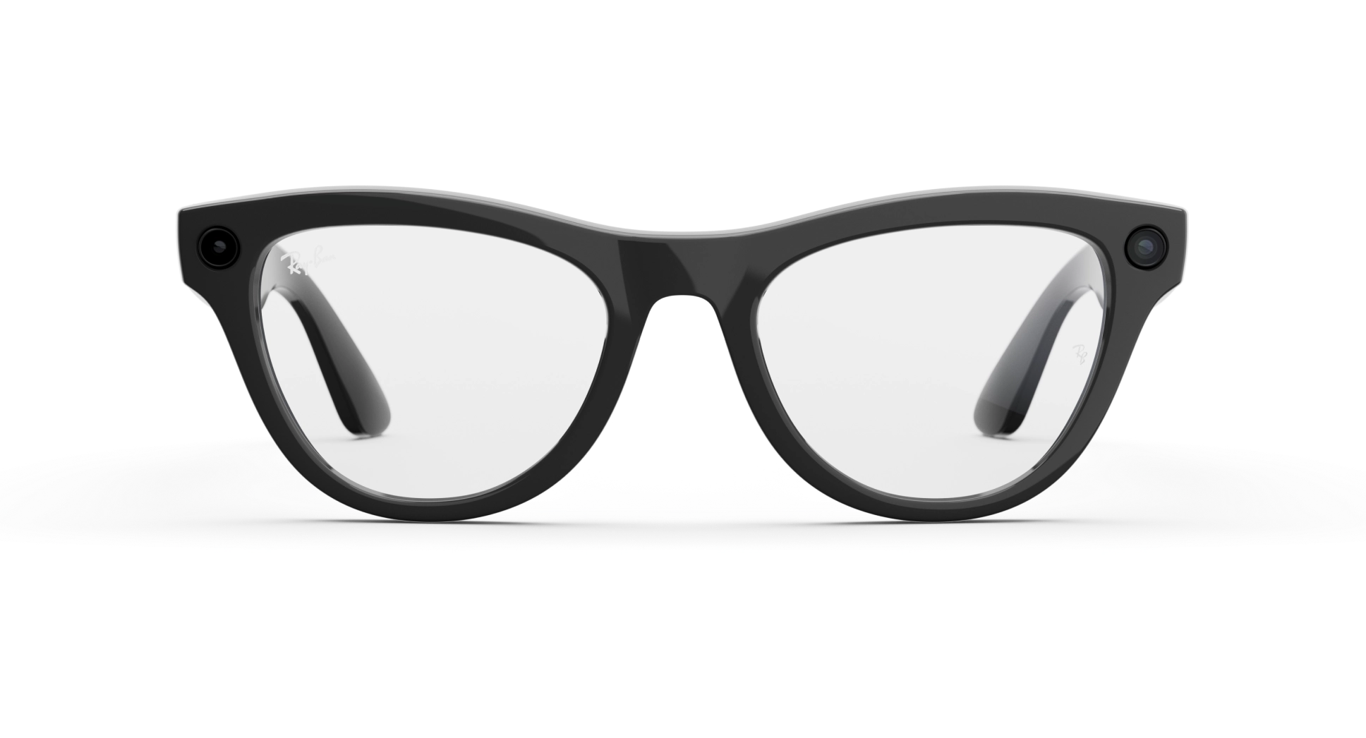 Front view of Rayban Meta glasses with Shiny Black frames with Clear lenses.