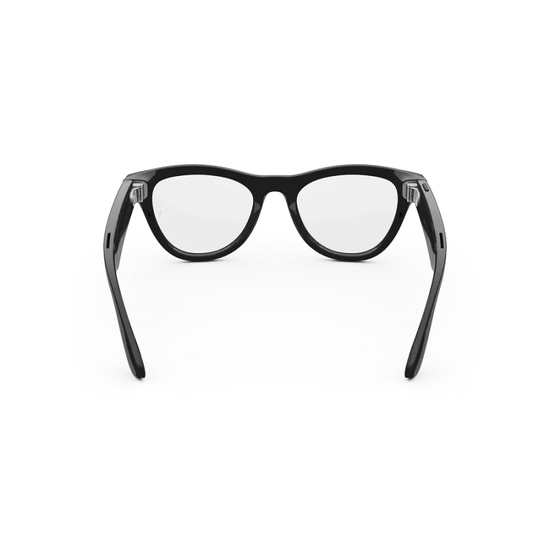 Rear view of Rayban Meta glasses with Shiny Black frames with Clear lenses.