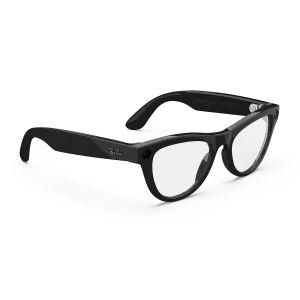 Right quarter view of Rayban Meta glasses with Shiny Black frames with Clear lenses.