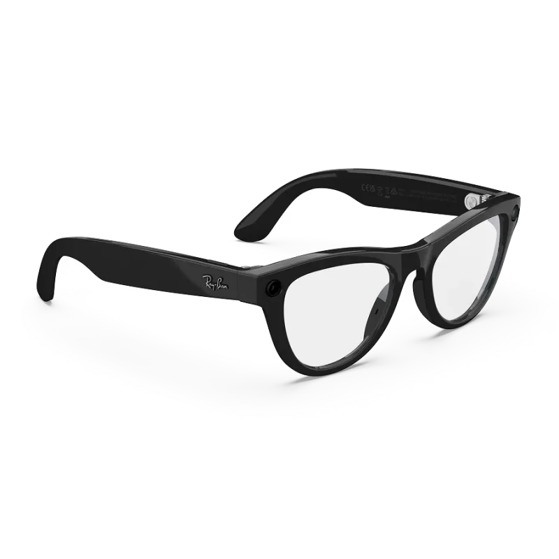 Right quarter view of Rayban Meta glasses with Shiny Black frames with Clear lenses. Right quarter view of Rayban Meta glasses with Shiny Black frames with Clear lenses.