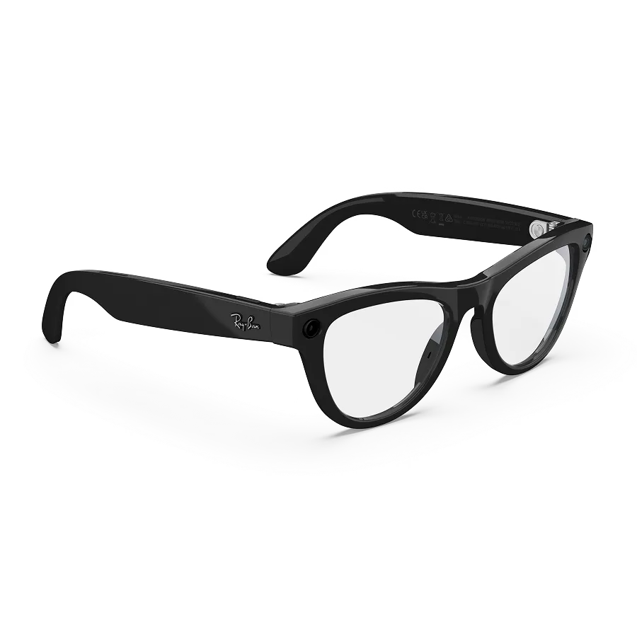 Right quarter view of Rayban Meta glasses with Shiny Black frames with Clear lenses.