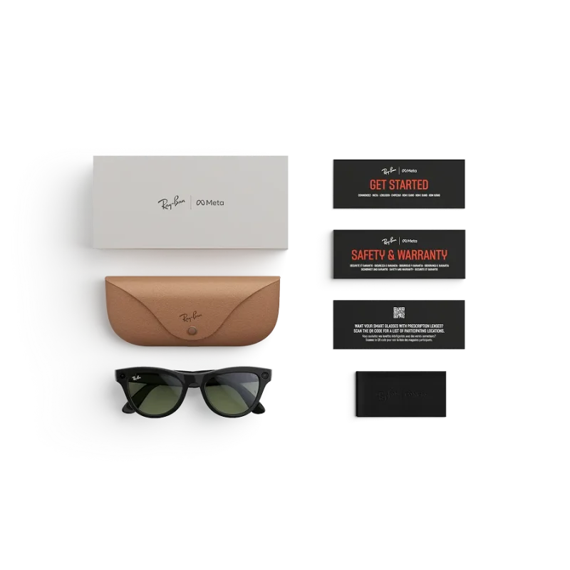 Items included with purchase of Rayban Meta glasses – Rayban Meta charging case, Rayban Meta AI glasses and getting started guide.