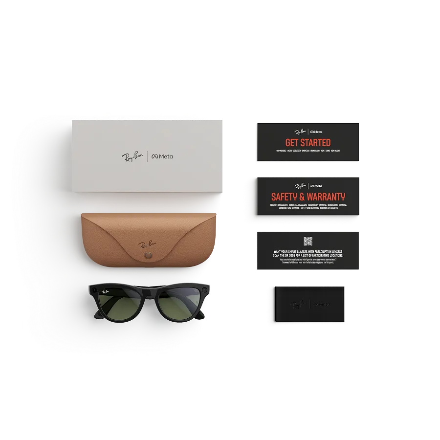 Items included with purchase of Rayban Meta glasses – Rayban Meta charging case, Rayban Meta AI glasses and getting started guide.