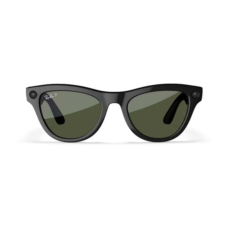 Front view of Rayban Meta glasses with Shiny Black frames with Green sun lenses.