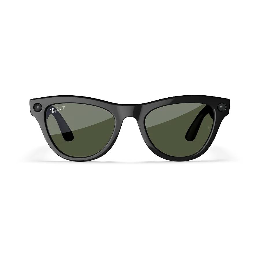 Front view of Rayban Meta glasses with Shiny Black frames with Green sun lenses.